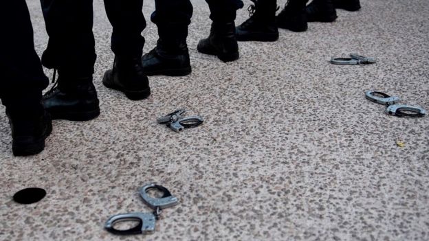 Police handcuffs lying on ground in Marseille, 11 Jun 20