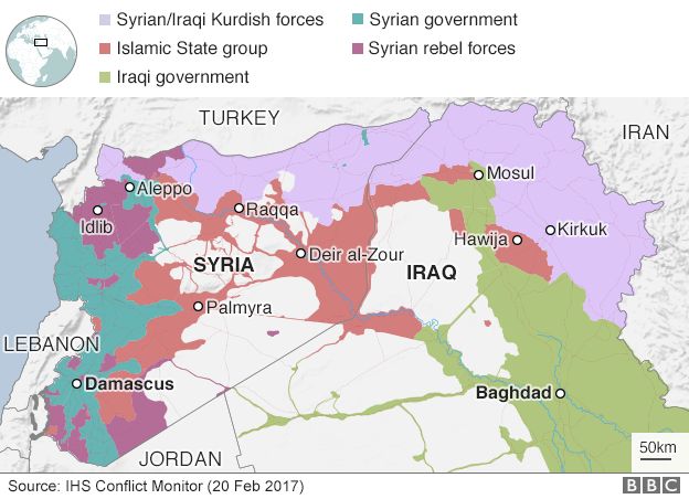 Map showing territory in Syria and Iraq controlled by various different groups