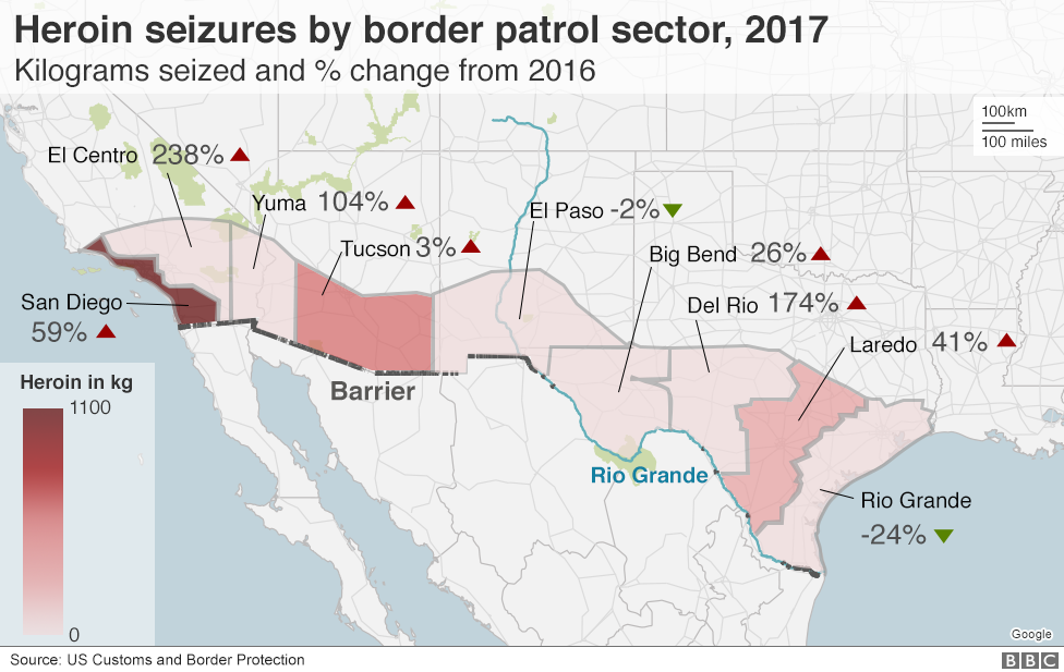 Bản đồ cho thấy các vụ bắt giữ heroin dọc biên giới Mỹ-Mexico