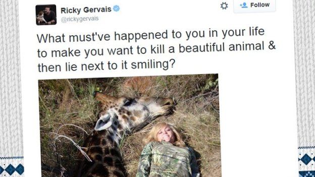 A tweet by Ricky Gervais reading "What must've happened to you in your life to make you want to kill a beautiful animal & then lie next to it smiling?"