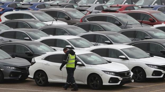 Honda cars lined up at Southampton Docks prior to being loaded onto a car container ship for export