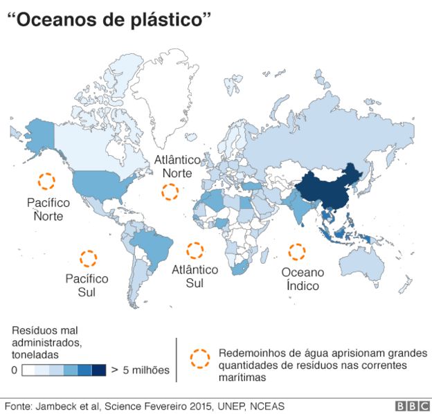 Mapa indicando a alta concentração de plástico em diferentes oceanos