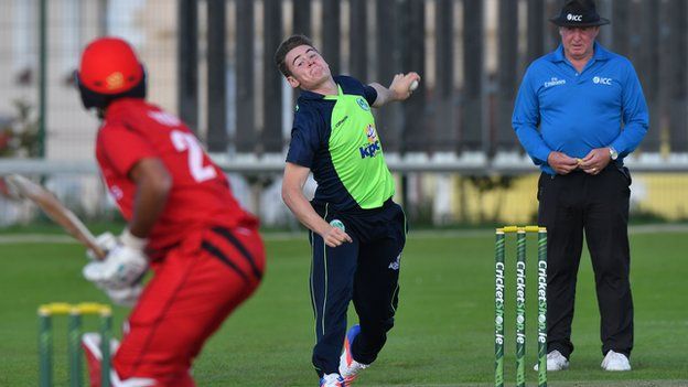 A 16-year-old Josh Little bowling on his Ireland debut against Hong Kong at Bready six years ago