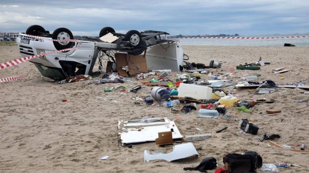 The damaged caravan of two elderly Czech tourists who were killed when strong winds and water swept away vehicle