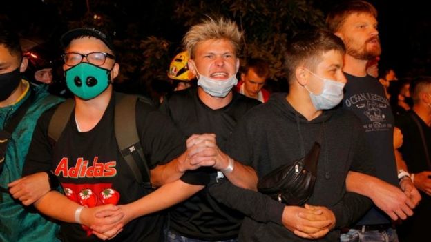 Protesters march in Minsk, Belarus. Photo: 9 August 2020