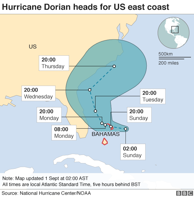 Map showing path of Hurricane Dorian