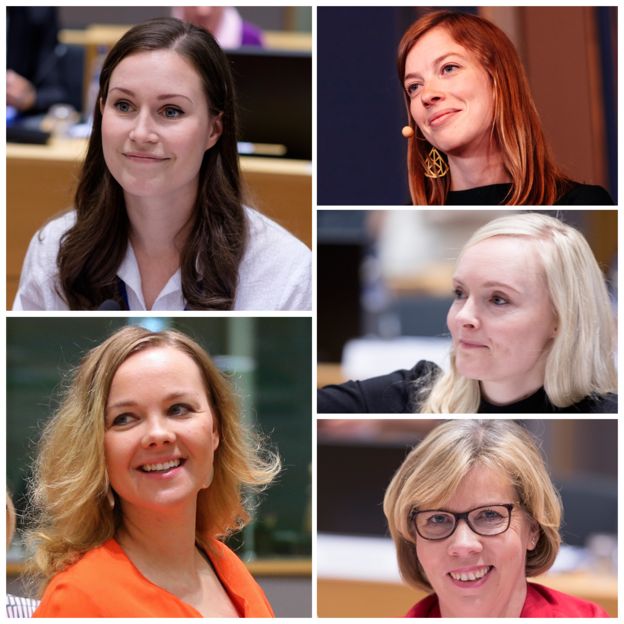 Finlandiya'da koalisyondaki beş partinin de lideri kadın. (Saat yönünde: Sanna Marin, 34, Sosyal Demokratlar; Li Andersson, 32, Sol İttifak; Maria Ohisalo, 34, Yeşil Lig; Anna Maja Henriksson, 55, Finlandiya İsveç Halk Partisi; Katri Kulmuni, 32, Merkez Parti.