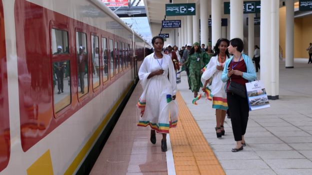 People are seen during an opening ceremony of a railroad line, which is Africa's longest and its first electrified railway line connecting Ethiopia's capital Addis Ababa with the capital and port city of Djibouti in Addis Ababa, Ethiopia on October 05, 2016