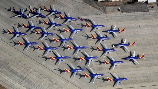 Southwest Airlines Boeing 737 MAX aircraft on the tarmac in California after being grounded