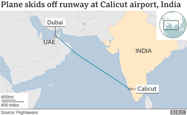 A graphic showing where the plane landed and skidded off the runway in India