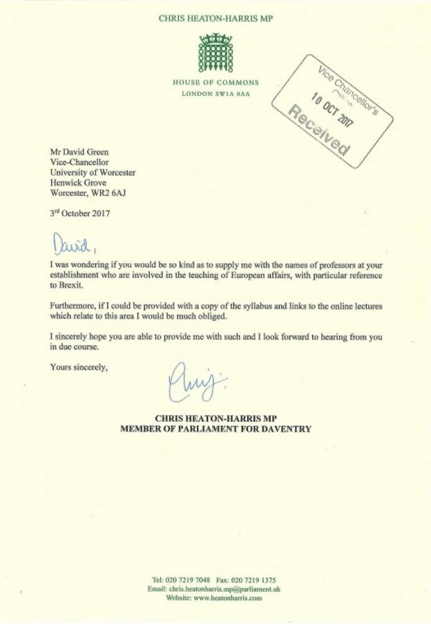 A copy of the letter sent by Mr Heaton-Harris released by the University of Worcester