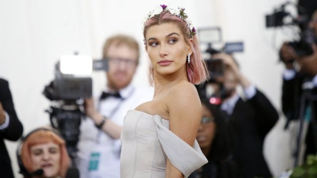 Hailey Baldwin arrives at the Metropolitan Museum of Art Costume Institute Gala to celebrate the opening of Heavenly Bodies: Fashion and the Catholic ImaginationÂ in the Manhattan borough of New York, 7 May 2018