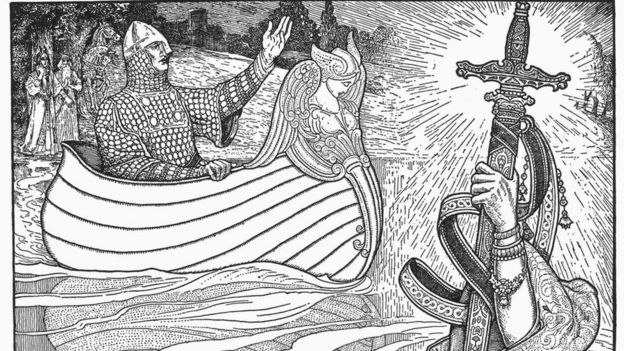 Ilustração do rei Arthur recebendo a Excalibur