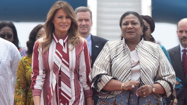 US First Lady Melania Trump walks alongside Rebecca Akufo-Addo, the First Lady of Ghana,