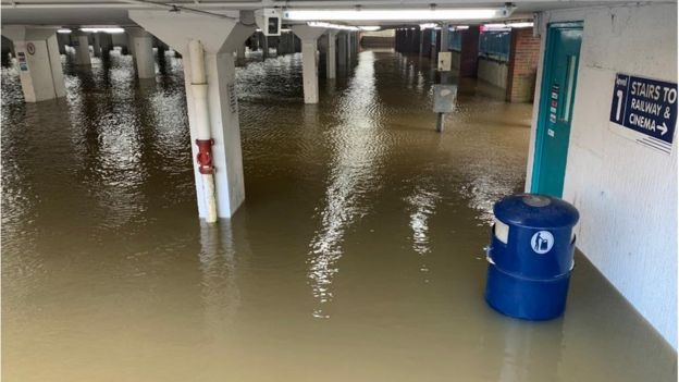 Bedford Road car park in Guildford, Surrey, was flooded