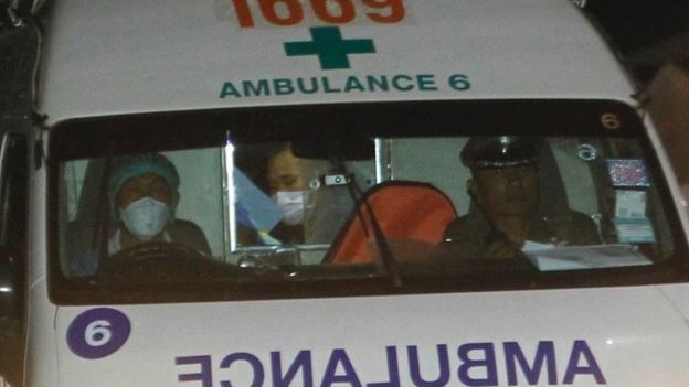 An ambulance arrives at hospital after some of the youth soccer team and their assistant coach have been rescued from a Thai cave, 08 July 2018