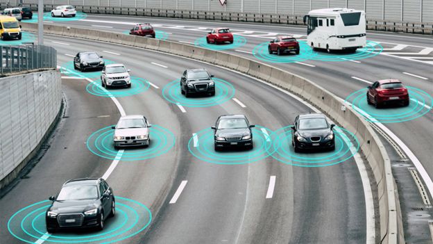 Ilustração mostra vários carros em uma estrada conectados à internet