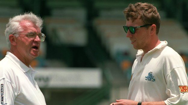 John Reid with England captain Mike Atherton in 1994