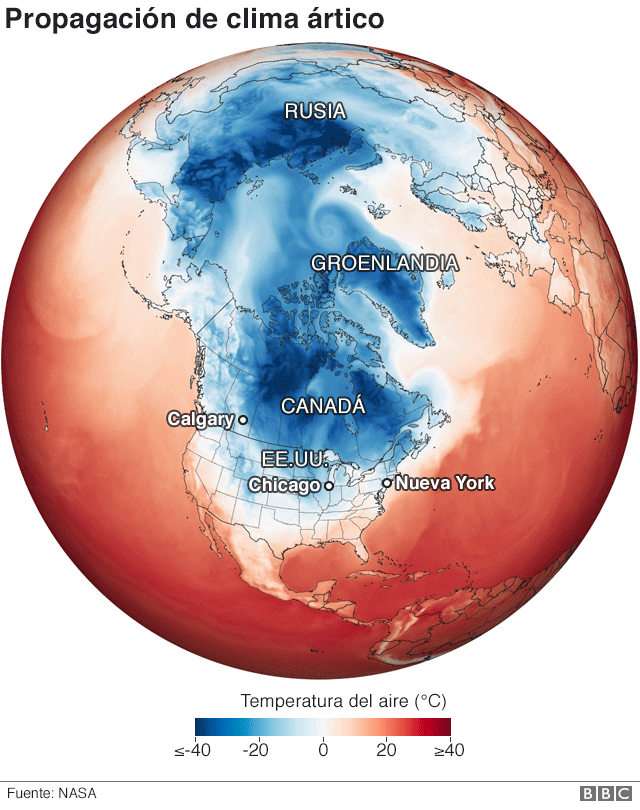 Mapa de la propagación de clima ártico.