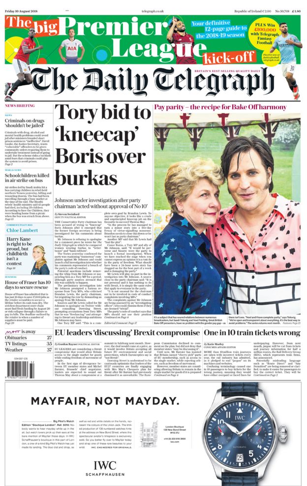 Daily Telegraph front page - 10/08/18