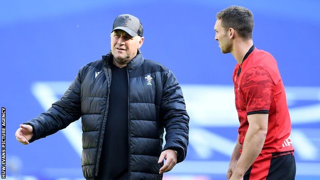 Wales coach Wayne Pivac and wing George North in training