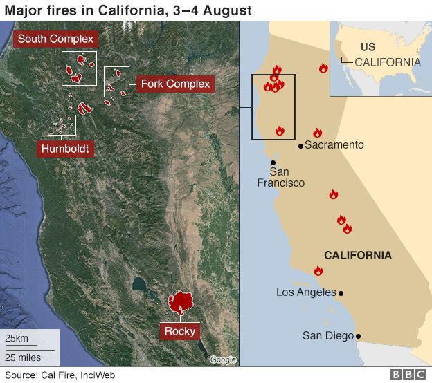 Map: California fires, 3-4 Aug
