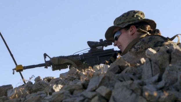 This US Marine Corps photo shows a female Marine during an exercise at Marine Corps Air Ground Combat Center Twentynine Palms, California, on September 18, 2017