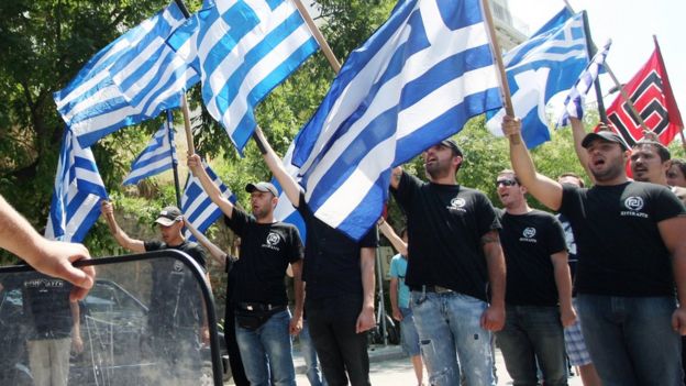 Members of the Greek far-right ultra nationalist party Golden Dawn (Chryssi Avghi)