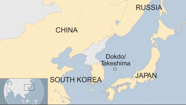Map showing Dokdo/Takeshima Islands between South Korea and Japan, and south of Russia