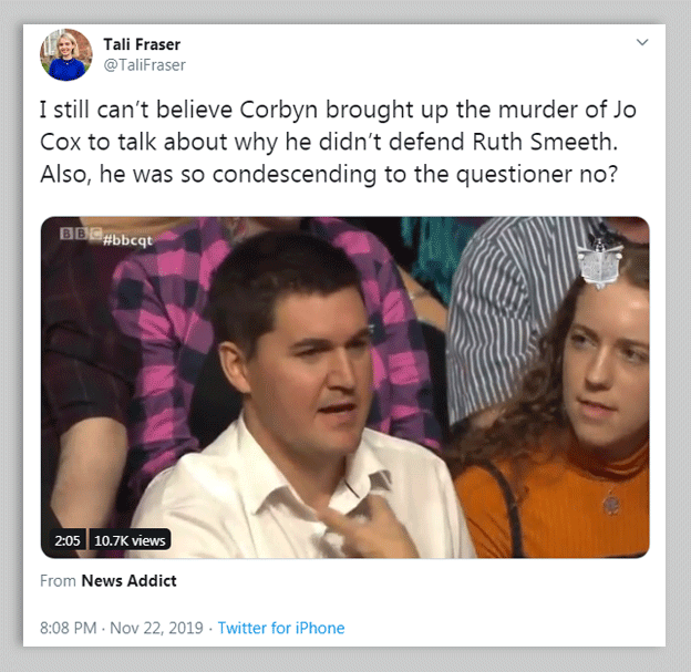 Tweet in response to Question Time Leaders Special