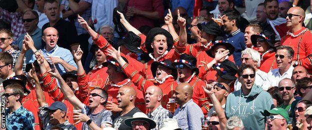 Fans dressed as yeoman warders (aka "Beefeaters") at Edgbaston