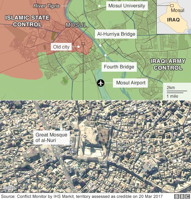 Map of Mosul showing control and location of Great Mosque of al-Nuri (20 March 2017)