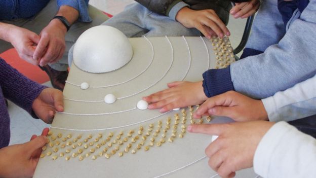 Niños tocando una maqueta que representa las órbitas de los planetas