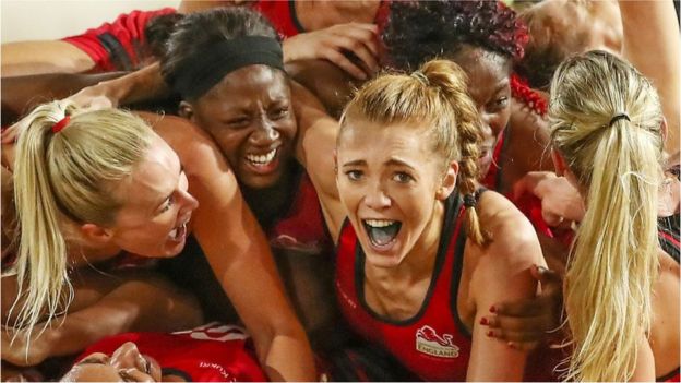 Helen Housby, who scored in the final second and her England teammates celebrate at full time and winning the Netball Gold Medal Match between England and Australia on day 11 of the Gold Coast 2018 Commonwealth Games