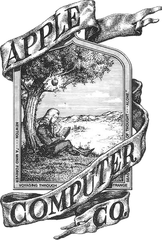 El primer logo de Apple, que muestra a Isaac Newton sentado debajo de la manzana que supuestamente lo golpeó en la cabeza
