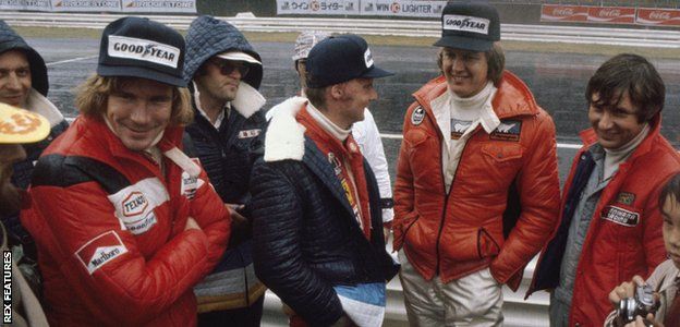 James Hunt, Niki Lauda and Ronnie Peterson before the start of the 1976 Japanese Grand Prix