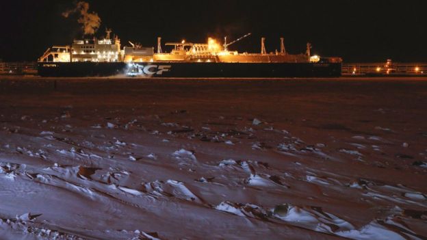Russia's Christophe de Margerie Arctic LNG tanker in the port of Sabetta on the Yamal Peninsula in the Arctic circle on 7 December 2017
