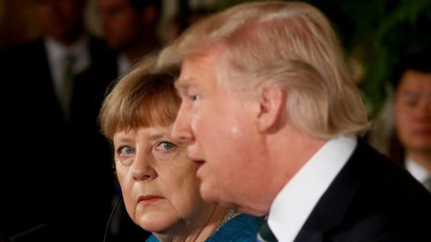 German Chancellor Angela Merkel and US President Donald Trump hold a joint news conference in the White House in Washington, 17 March 2017