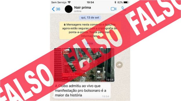 Mensagem falsa que circulou no WhatsApp com vídeo da Globonews usado por apoiadores de Bolsonaro