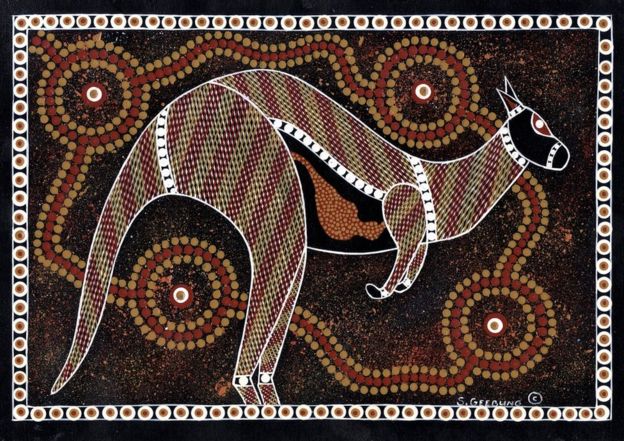Pintura a puntos de un canguro, del artista indígena australiano Stanley Geebung.