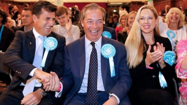 Liderliğini Nigel Farage'ın (ortada) yaptığı Brexit Partisi AP seçiminde İngiltere'de en çok oy alan parti oldu.