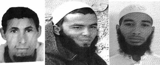 A three-part composite image shows bearded men, two of which are wearing caps, in black and white - in a photo released by police