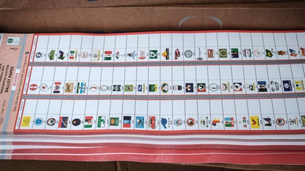 Ballot paper for Nigerian presidential election 2019