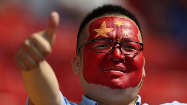 A China fan enjoys the pre match atmosphere during the 2018 FIFA World Cup Russia group G match between Belgium and Tunisia at Spartak Stadium on June 23, 2018 in Moscow, Russia.