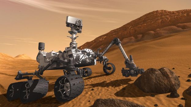 Ilustración del rover Curiosity en la superficie de Marte