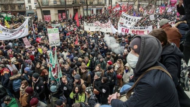 Public and private workers demonstrate and shout slogans during a demonstration against pension reforms Paris,