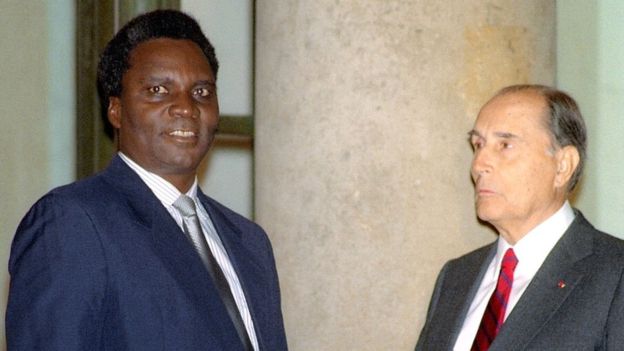 1990 file picture of Rwandan President Juvenal Habyarimana in Paris with French President François Mitterrand