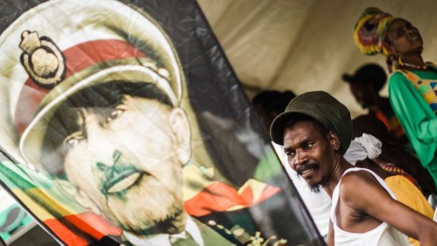 Rastafarian Reggae fans take parts in the Bob Marley "One Love" Festival and Rasta Fair to commemorate and celebrate the life of Bob Marley at the North Beach Amphitheatre in Durban, South Africa on February 3, 2019