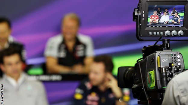 A camera recording at a F1 news conference