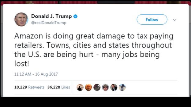 A Donald Trump tweet about Amazon causing many jobs to be lost